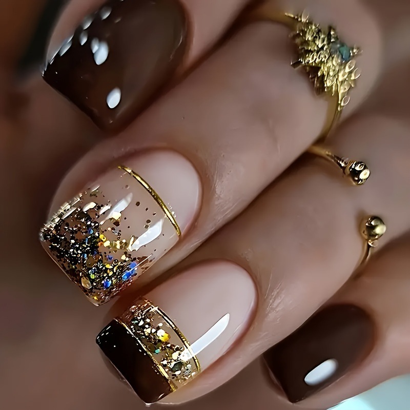 Nail Art Press On - Kurze, quadratische Kunstnägel für Damen, glänzende